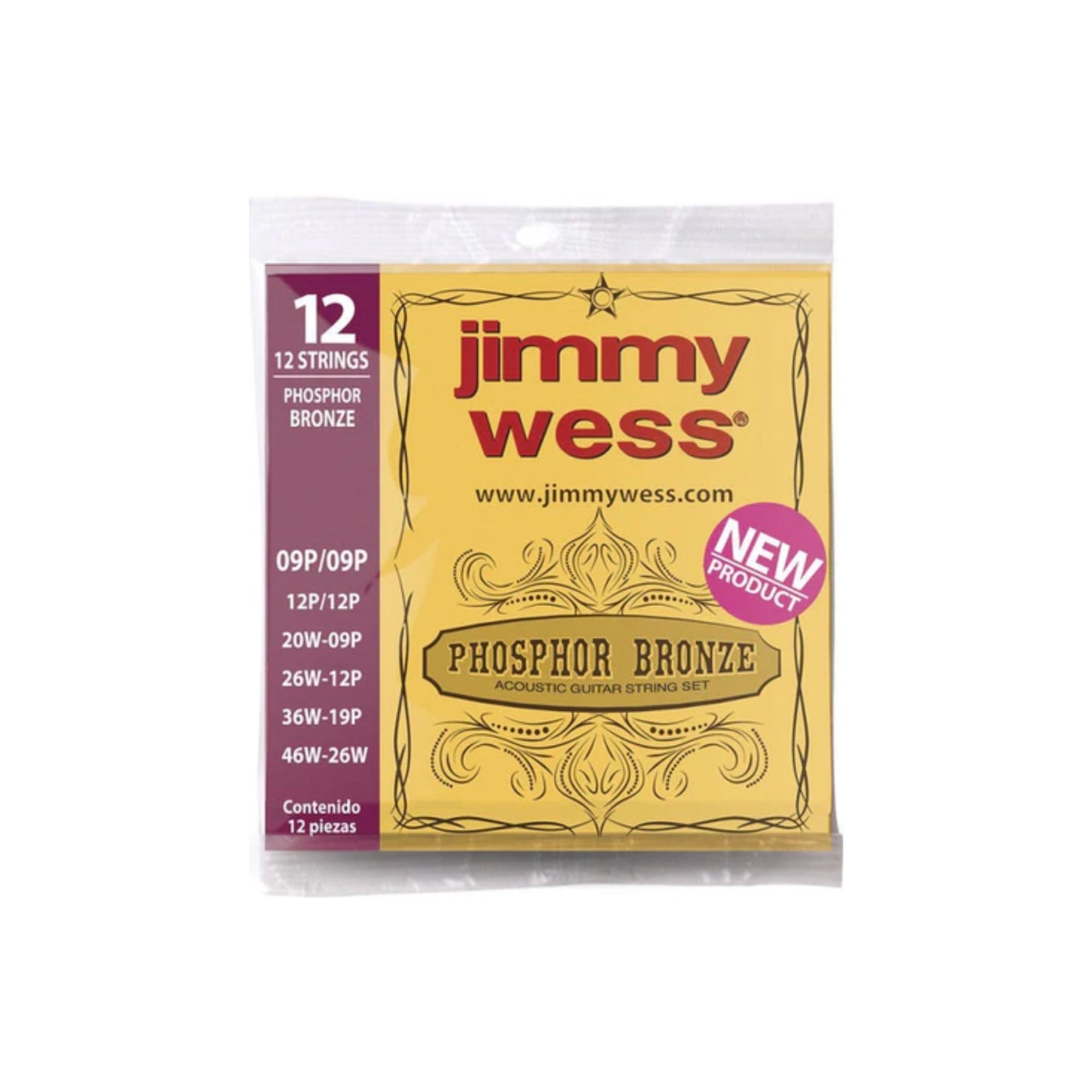 Juego de Cuerdas Jimmy Wess JWGA-1012BF Bronce Fosforado para Guitarra Acústica de 12 Cuerdas 9-46