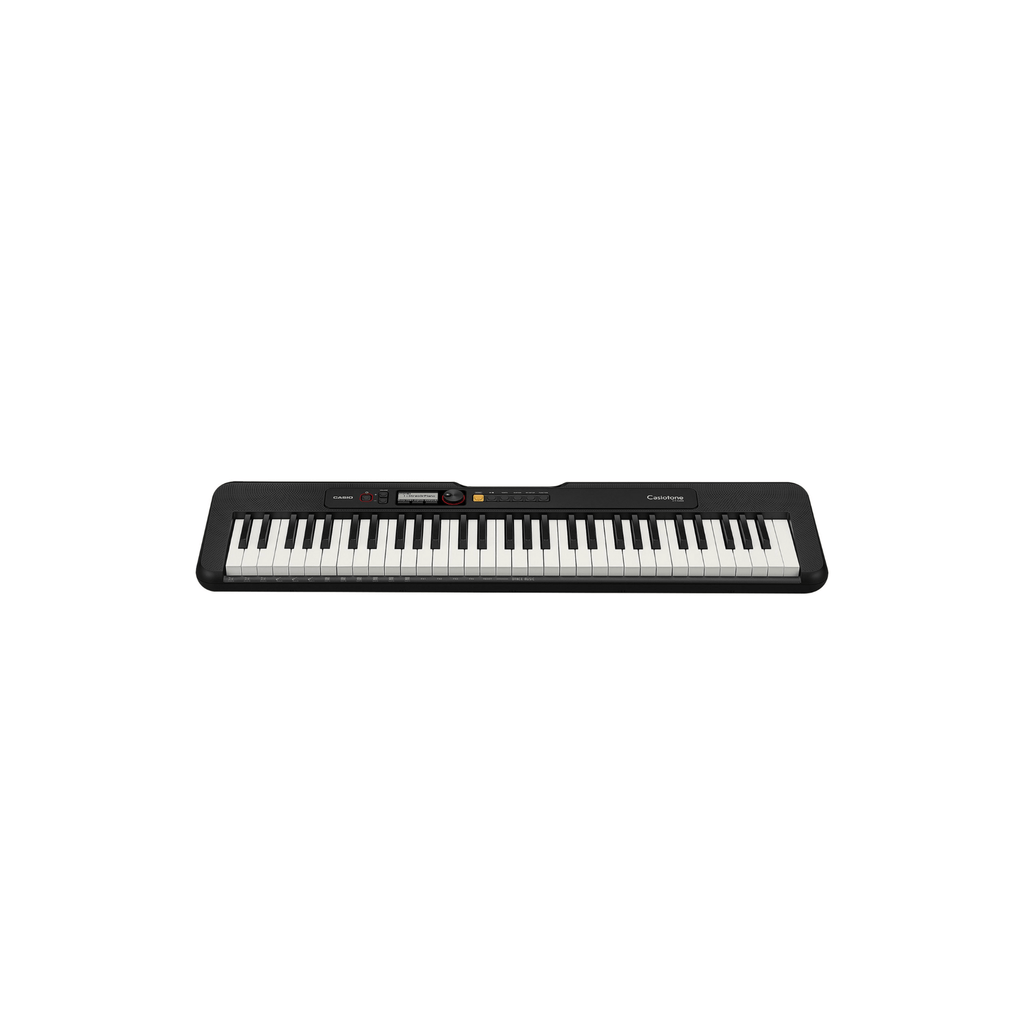 Teclado musical portátil Casio CT-S200 de Musical Santa Cecilia con eliminador, vista frontal con botones y pantalla.