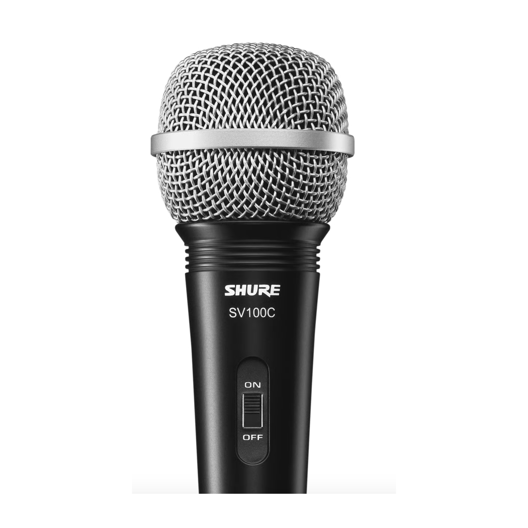 Micrófono Shure SV100 de Musical Santa Cecilia, vista frontal con cable y botones de control, para karaoke y grabación.
