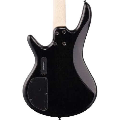 Bajo eléctrico Ibanez Gio GSR200SM-NGT sombreado con cuerpo de madera y mástil de color oscuro, en posición vertical.