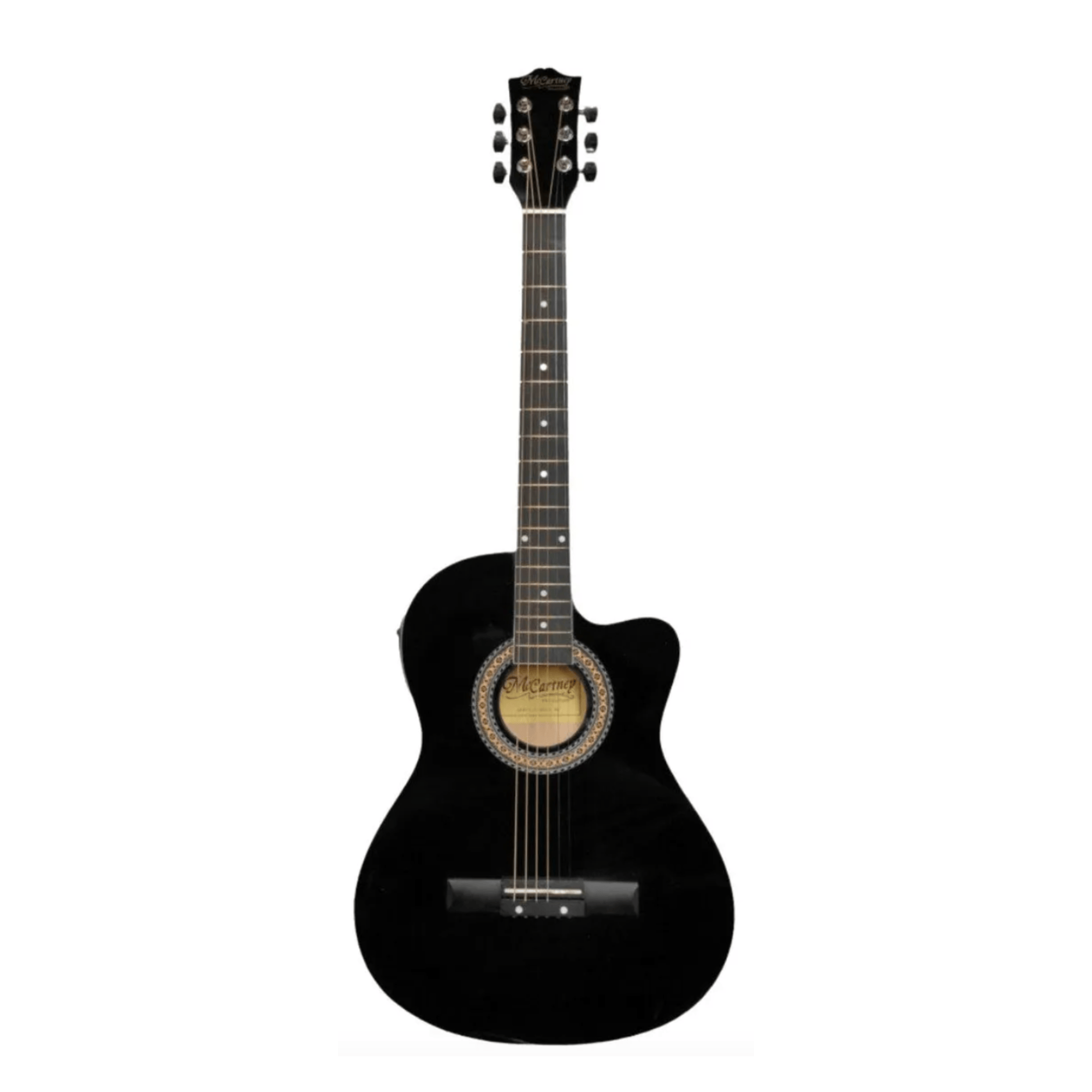 Guitarra electroacústica Musical Santa Cecilia McCartney con cuerdas de acero negra, modelo CG-851EQ BK, vista frontal.