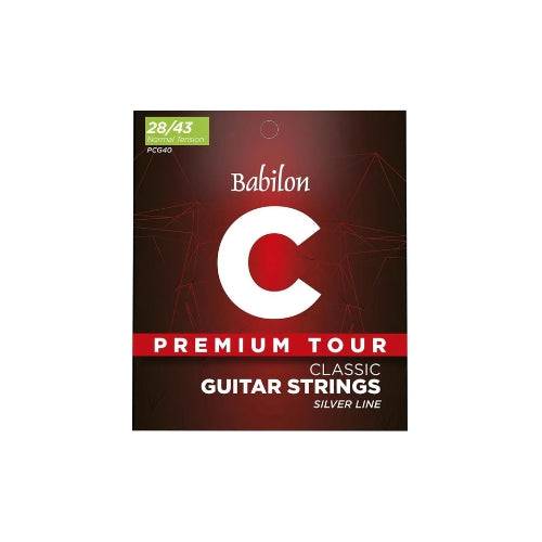 Juego de cuerdas para guitarra clásica Babilon Nylon Plata de Musical Santa Cecilia, con cuerdas numeradas 28-43, en empaque.