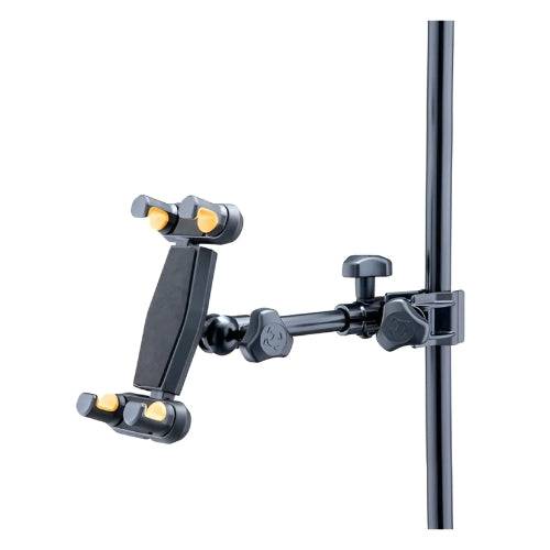 Soporte para tablet o teléfono Hercules DG307B de Musical Santa Cecilia, soporte ajustable en color negro sobre fondo blanco