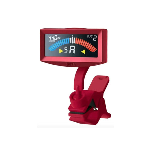 Afinador de clip para guitarra o bajo Korg PitchCrow-G en color rojo, mostrado en la imagen.