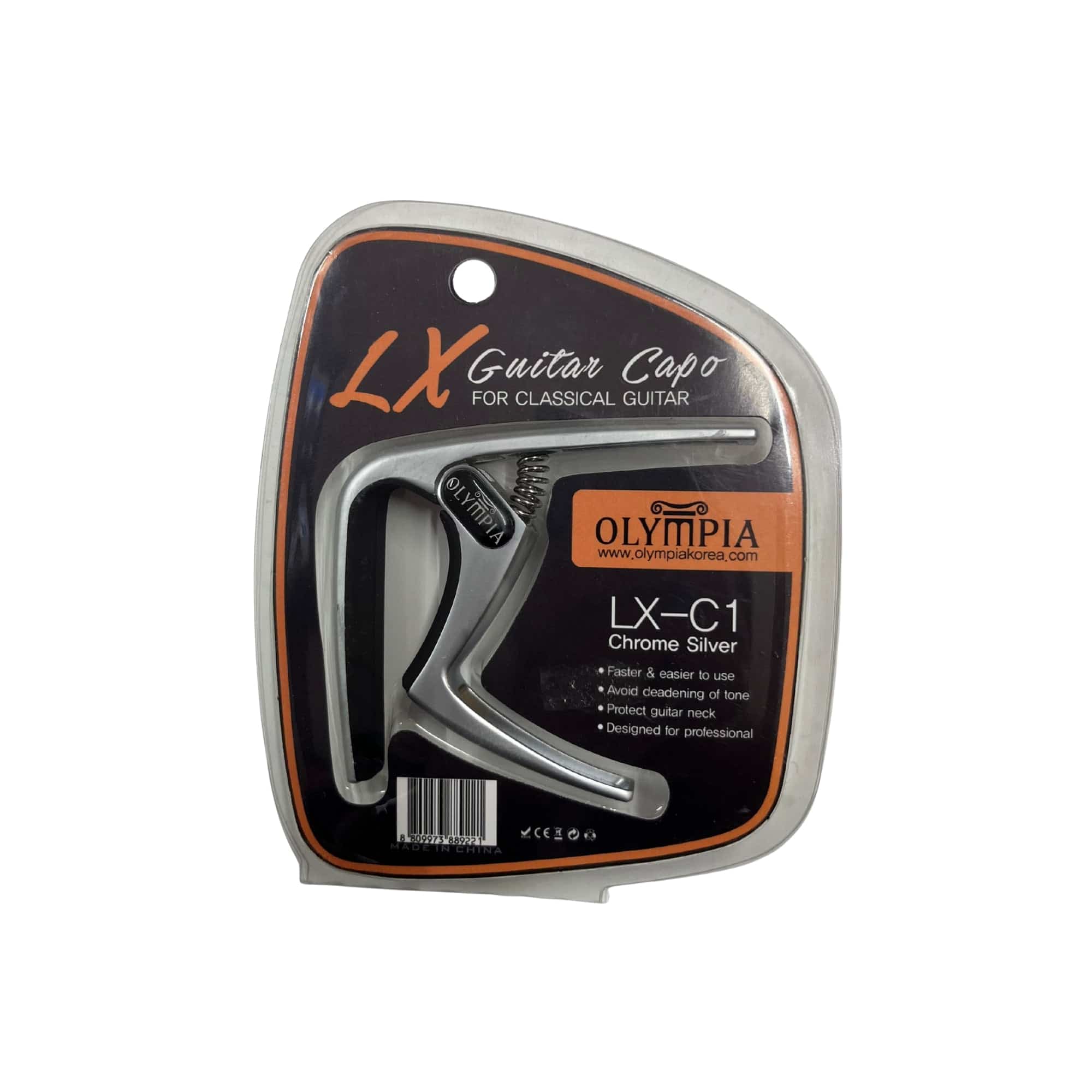Capotrasto cromado para guitarra clásica Olympia, accesorio de Music Santa Cecilia, con mecanismo ajustable y acabado brillante.