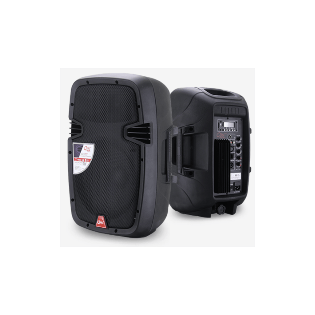 Bafle activo QMC 10A de Musical Santa Cecilia con acabado plastificado, Bluetooth, USB y radio FM, visible en la imagen