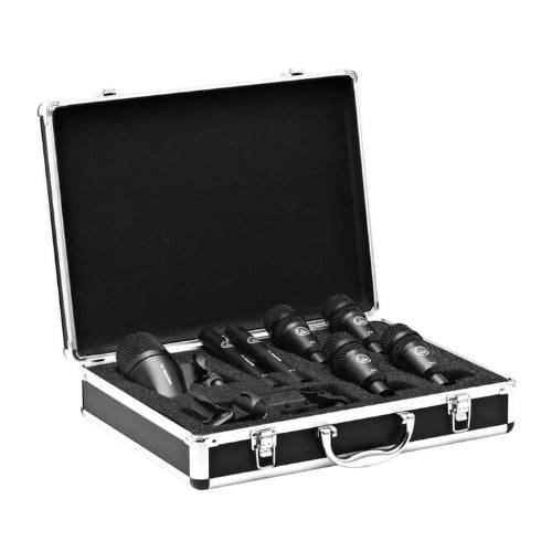 Microfonos AKG Drum Set Session para batería, set de dos micrófonos con cables y soporte, en un entorno de estudio musical.