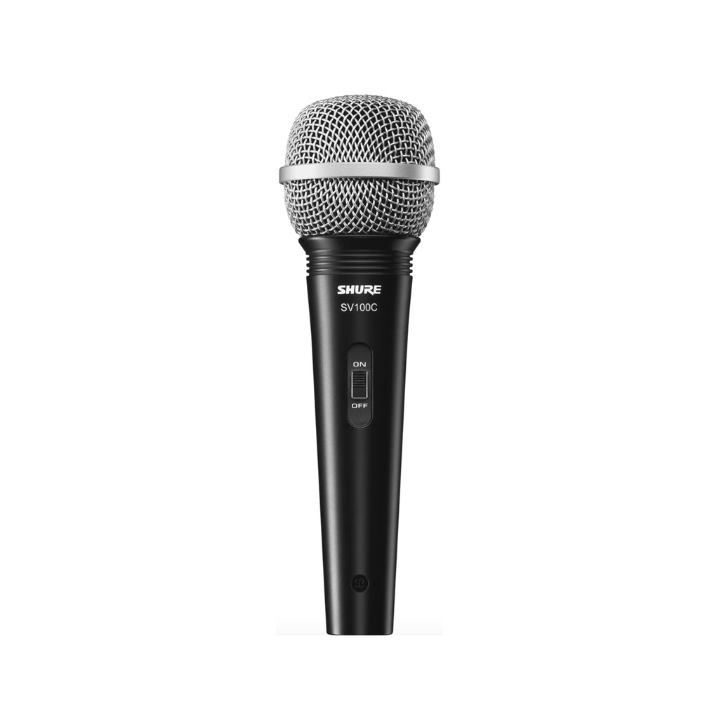 Micrófono Shure SV100 de Musical Santa Cecilia, con cuerpo metálico y patrón cardioide, listo para usar en actuaciones y grabaciones.