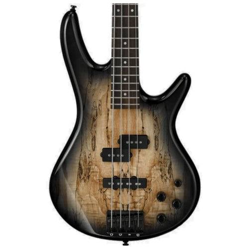 Bajo eléctrico Ibanez Gio GSR200SM-NGT sombreado con cuerpo de madera y mástil, mostrando el diapasón y cuerdas.