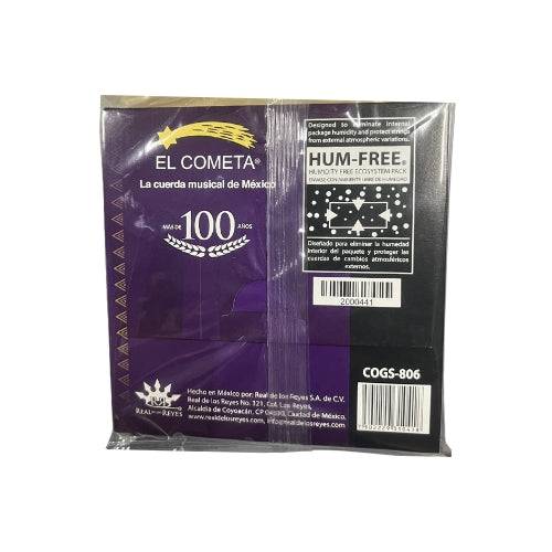 Juego de cuerdas para guitarra clásica Veerkamp El Cometa 806 de nylon con borla, con detalles de las cuerdas y empaque.