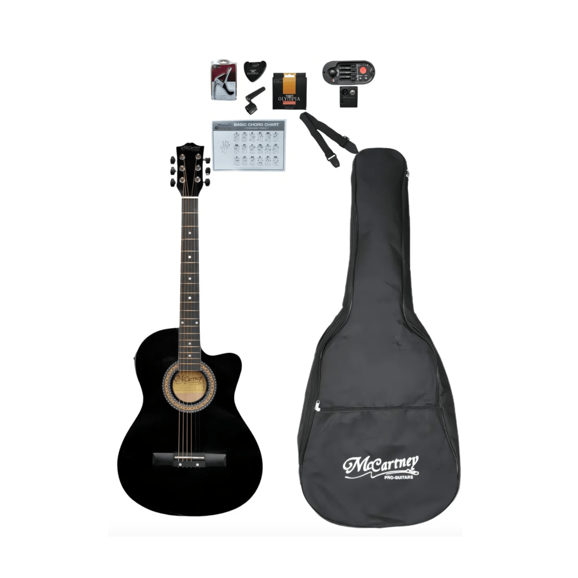 Guitarra electroacústica McCartney Cg-851eq BK con cuerpo negro, cuerdas de acero y detalles de marca Musical Santa Cecilia
