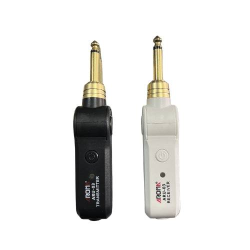 Receptor inalámbrico para guitarra o bajo Aroma, recargable, accesorio de audio para instrumentos musicales, en color negro.