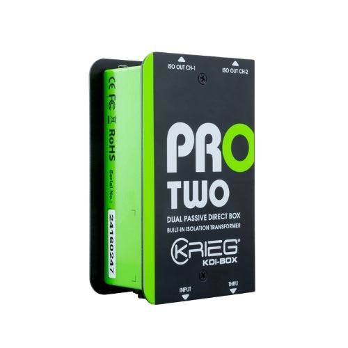 Caja directa pasiva Krieg 2 Ch Pro Two de Sensey para audio, con entradas y salidas en el panel frontal y trasero.