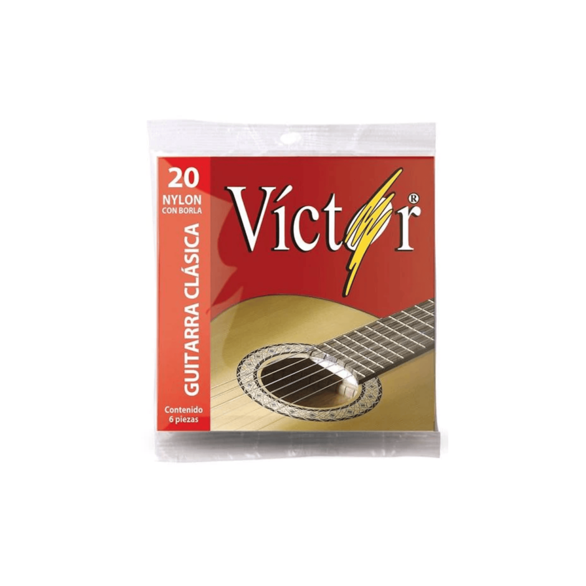 Cuerdas para guitarra acústica de nylon Victor VCGS-20, marca Musical Santa Cecilia, con detalles de los hilos y envoltorio.