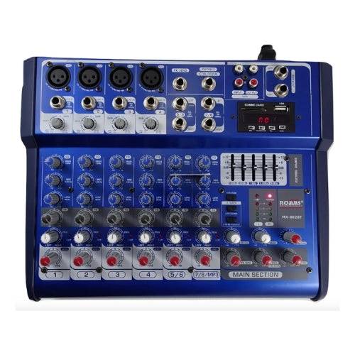 Mezcladora Romms MX-802BT de 8 canales con USB, SD y Bluetooth, para audio profesional, marca Musical Santa Cecilia.