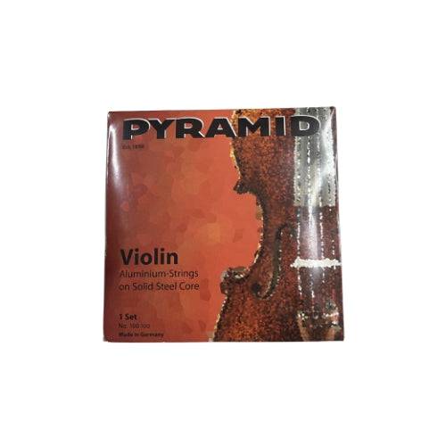 Cuerdas para violín Pyramid de la marca Veerkamp, mostrar las cuerdas en un soporte o envoltorio en la imagen.